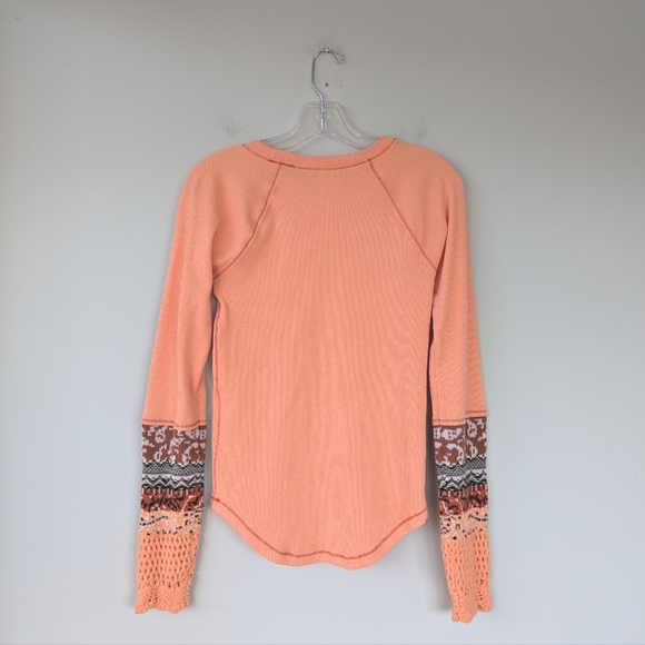 Free People In The Mix Orange Sherbet Cuff Detail Waffle Thermal Knit Top - Picture 10 of 13